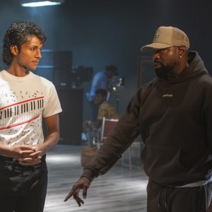 Jaafar Jackson as Michael Jackson and Director Antoine Fuqua in Michael. Photo Credit: Glen Wilson/Lionsgate